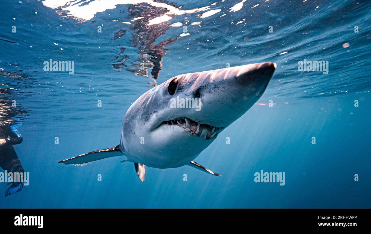 Approaching with a smile. CABO SANN LUCAS, MEXICO: STUNNING images of a mako shark, smiling cheekily, showing off its teeth have been captured from in Stock Photo