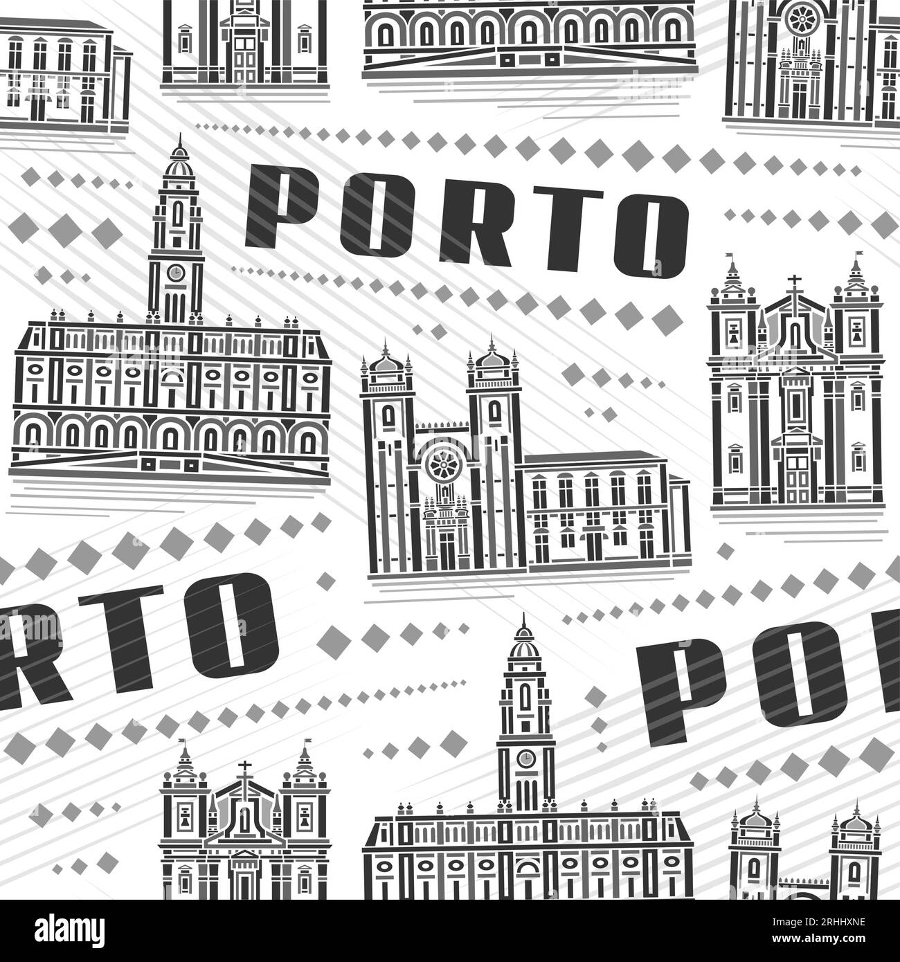 Vector Porto Seamless Pattern, square repeating background with illustration of famous european porto downtown city scape on white background, monochr Stock Vector