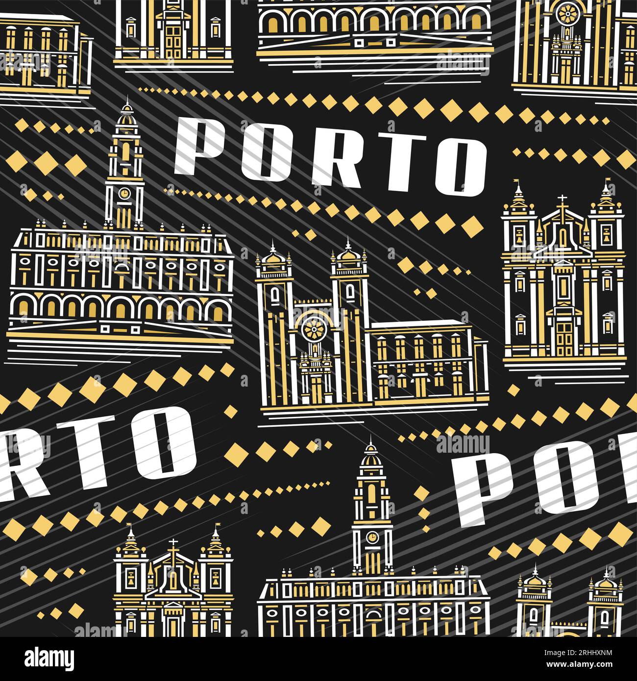 Vector Porto Seamless Pattern, square repeat background with illustration of famous european porto city scape on dark background for bed linen, decora Stock Vector