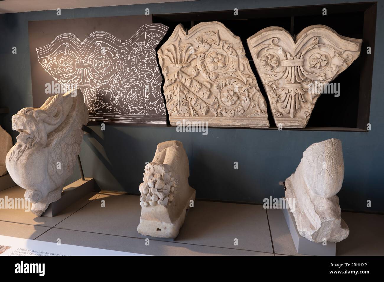 Rome, Italy, Colosseum museum exhibition with marble remains of baluster of vomitorium from 3rd