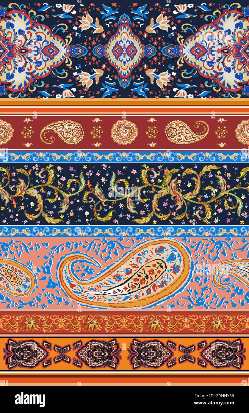 Seamless Design of Paisley and Indian Flower. Border Style for Textile and Decoration. Stock Photo