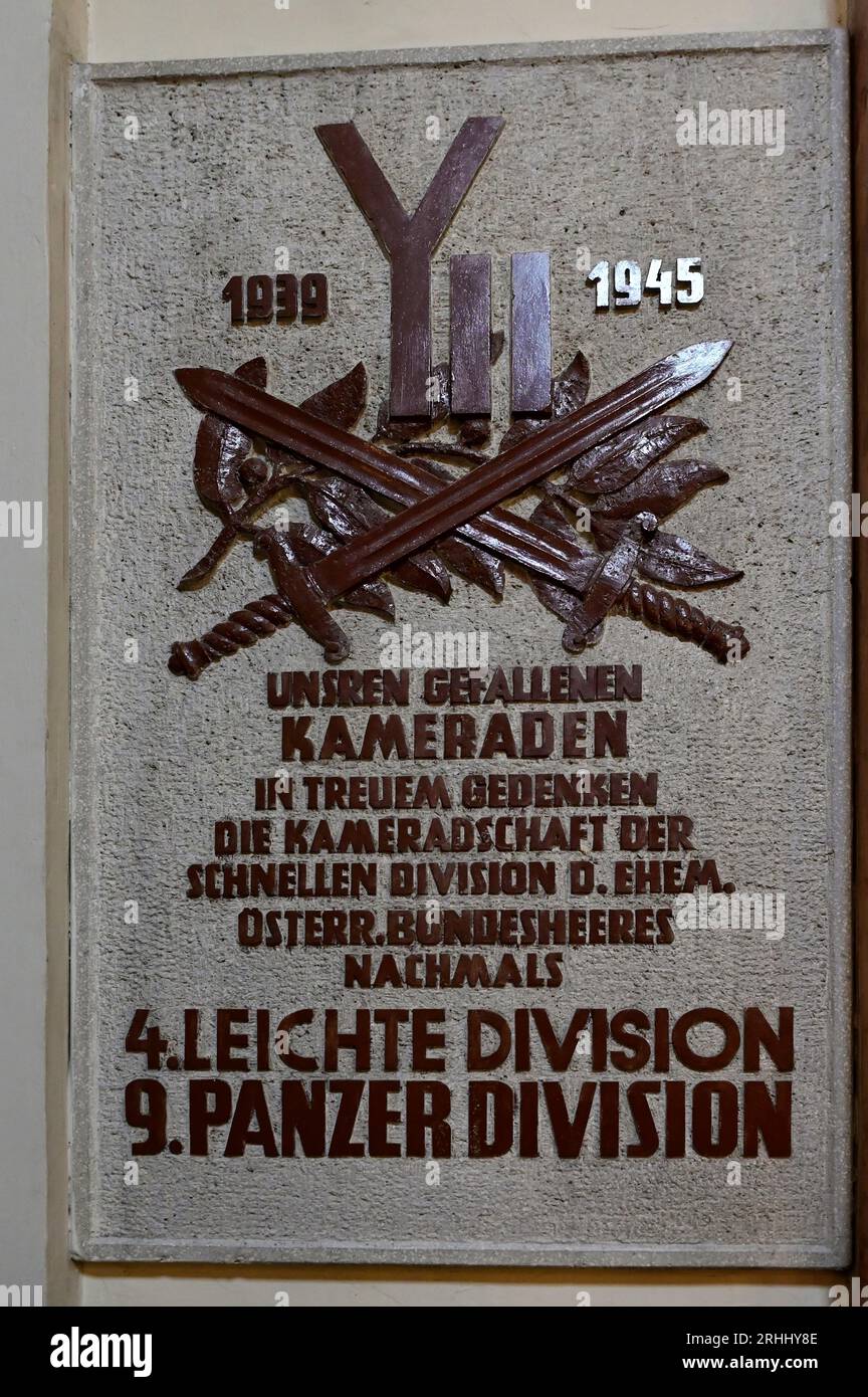Vienna, Austria. August 16, 2023. Collegiate Church of the Holy Cross on Mariahilfer Strasse. Roll of honor for fallen soldiers Stock Photo