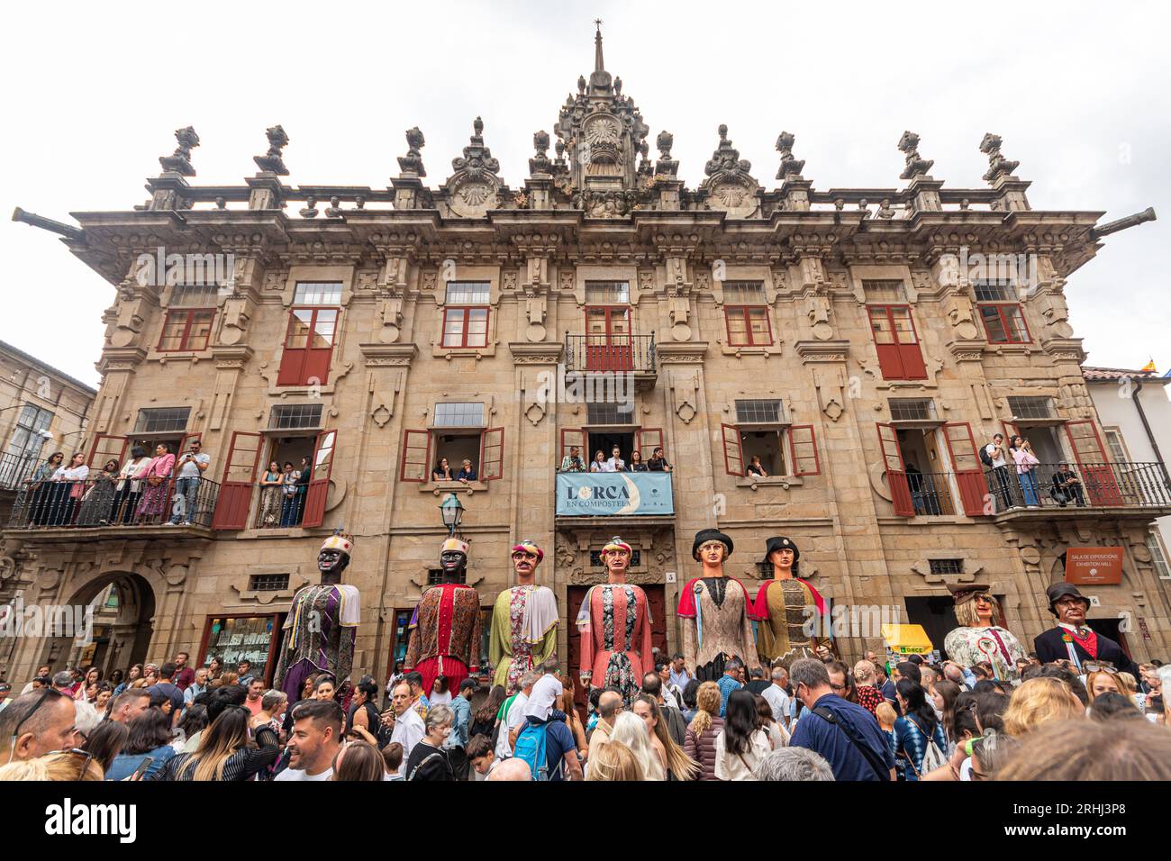 Santiago de Compostela, Spain. The giant heads of the Desfile de Cabezudos (Giant Heads Parade) on Dia del Apostol (Apostle Day) Stock Photo