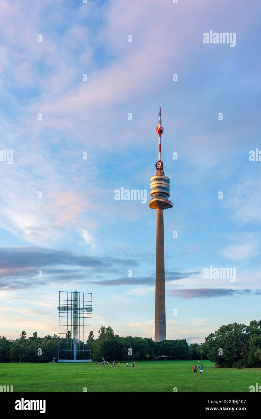 Vienna: park Donaupark, papal cross, tower Donauturm, soccer player in ...