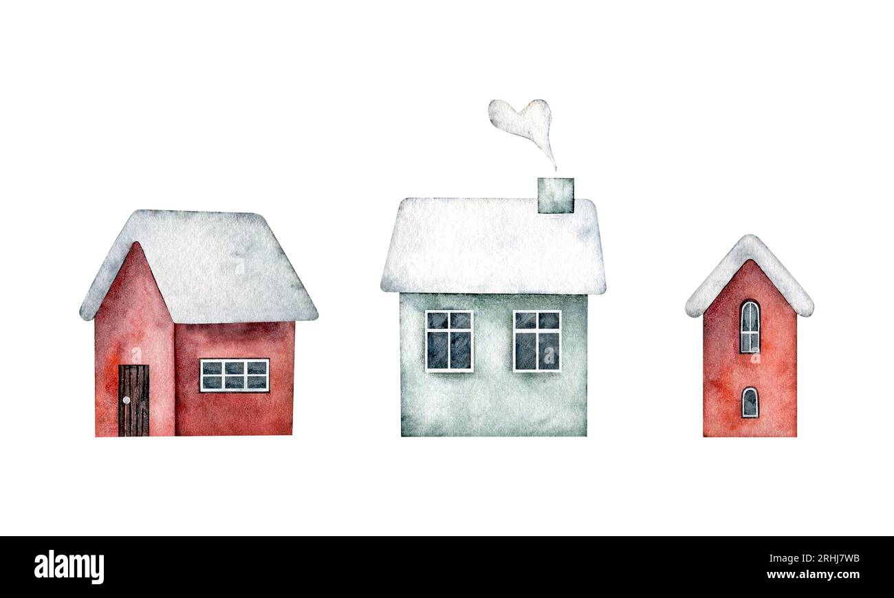 Winter set of cute houses with doors, windows, chimney, with snow on the roof. Hand painted watercolor design for Christmas card, souvenirs, winter Stock Photo