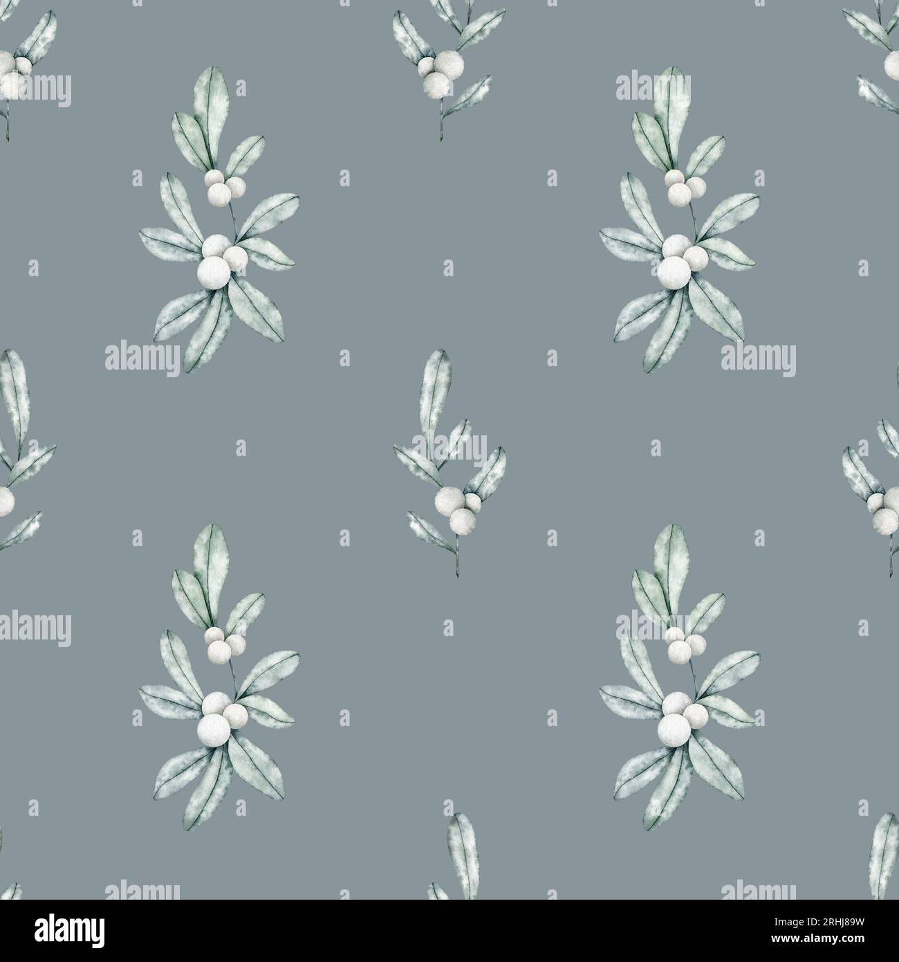Seamless pattern with Symphoricarpos, snowberry, waxberry, or ghostberry. Deciduous shrub with white berries on grey background. Endless Hand drawn Stock Photo