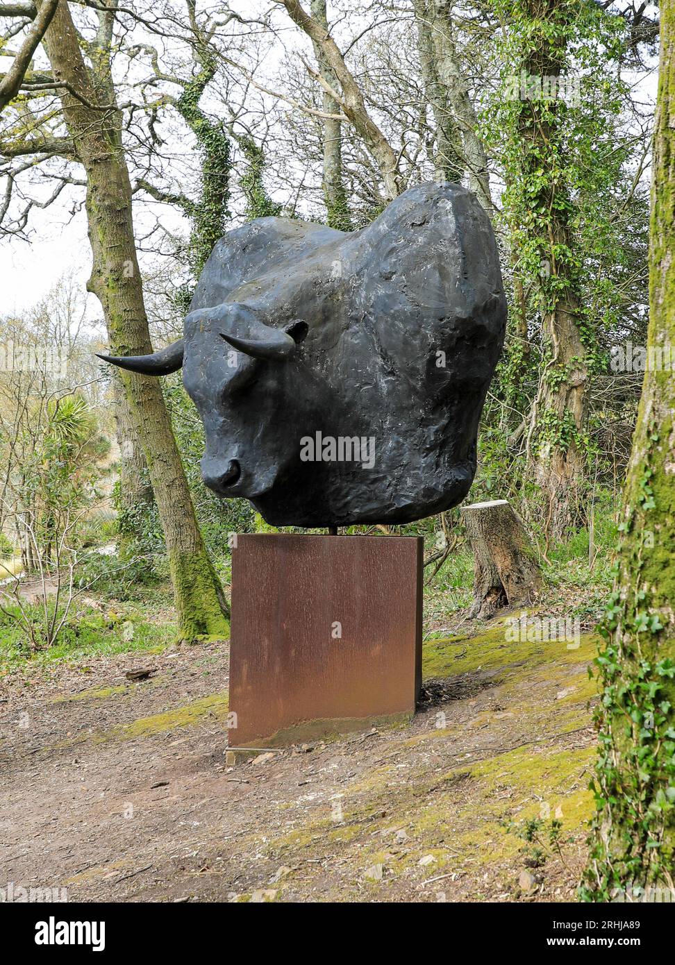 'Minotaur' by Tim Shaw RA, on display at the Tremenheere Sculpture Gardens near Penzance, Cornwall, England, UK Stock Photo