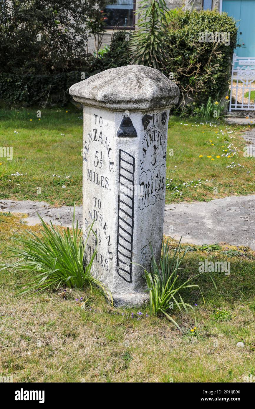 An old granite stone road side sign post, or milestone, at Crowsanwra