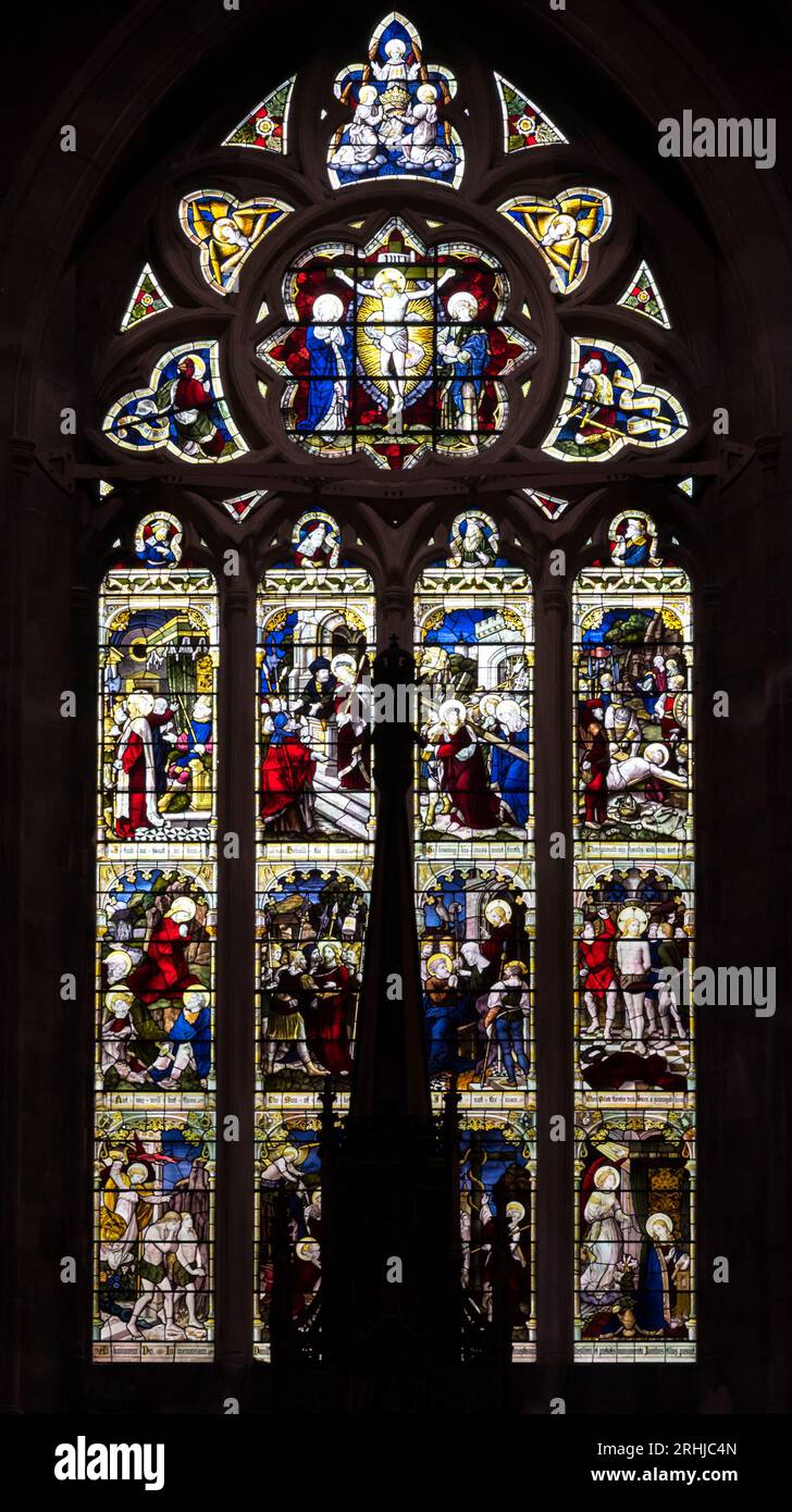 Stained glass west window in Perth cathedral depicts the fall of man