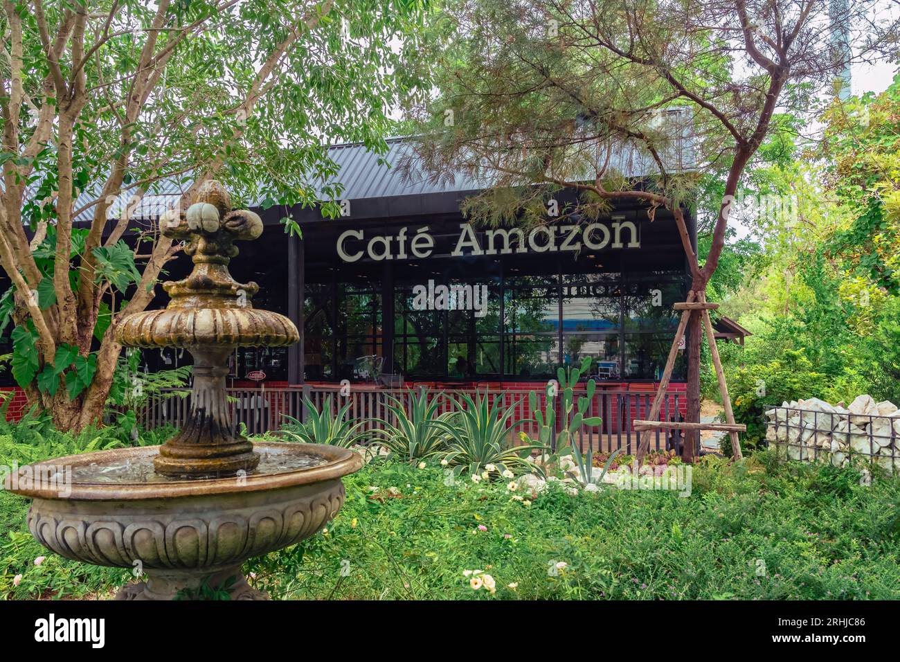 KANCHANABURI, THAILAND-JULY 1,2023 : Beautiful exterior view of Cafe Amazon coffee shop with nature environment at PTT Oil station. Cafe Amazon is a f Stock Photo