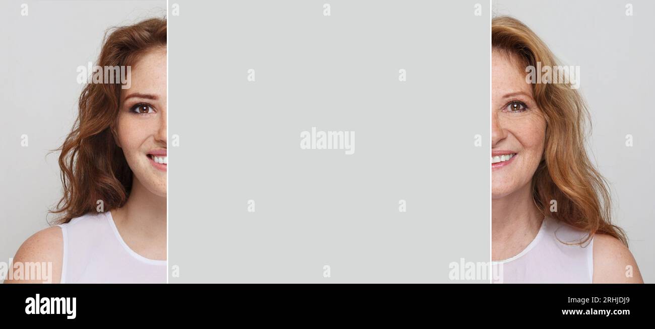 Female face youth and old age. Two parts of the face of life aging