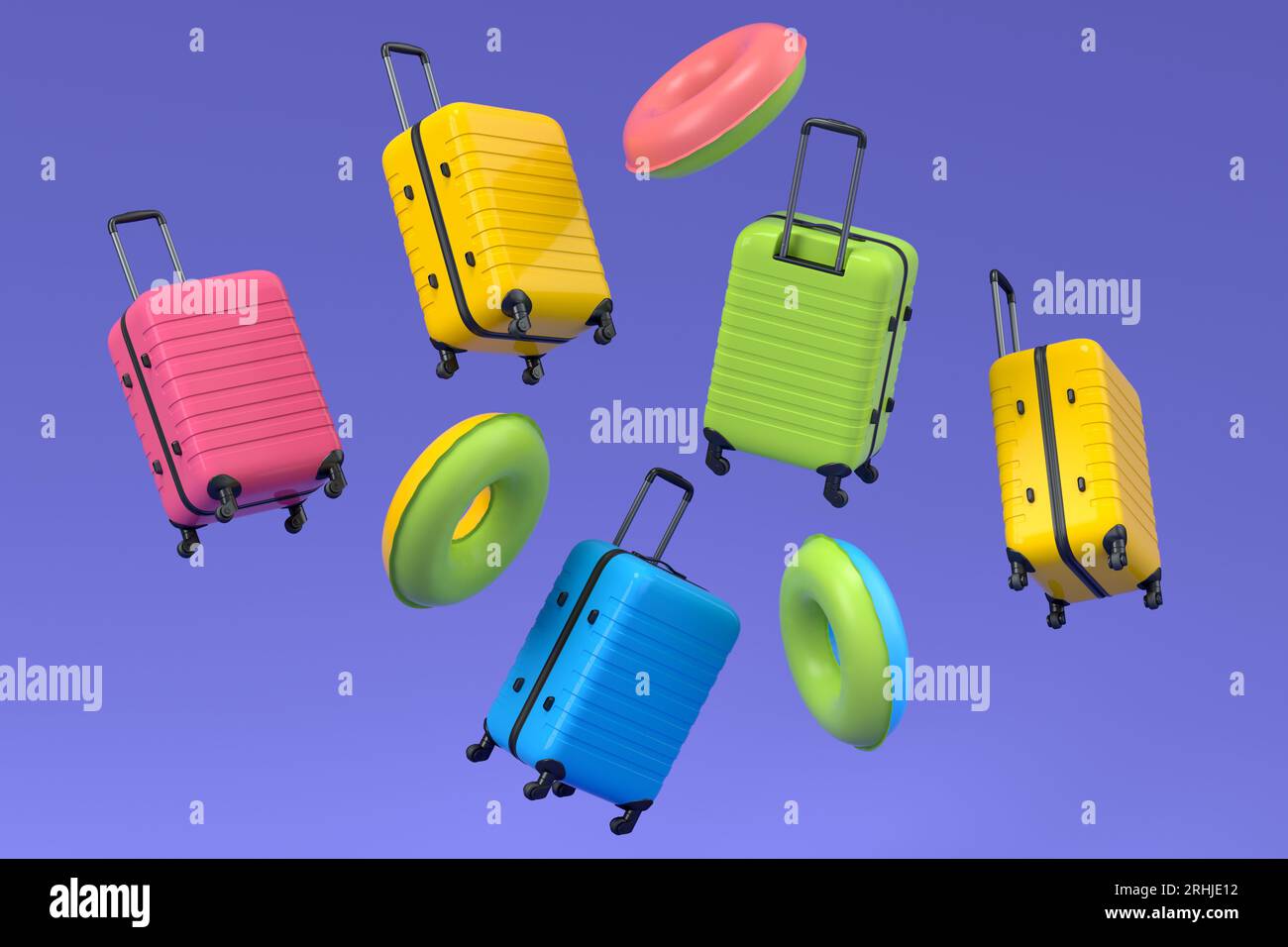 Colorful suitcase flying on violet background. 3D render of summer vacation Stock Photo