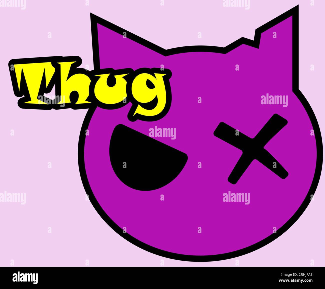 A thug kitty, kitten, cat, cartoon style kitty with evil look, kitty illustration, the word thug, pink and yellow colors, cool sign and tag Stock Photo