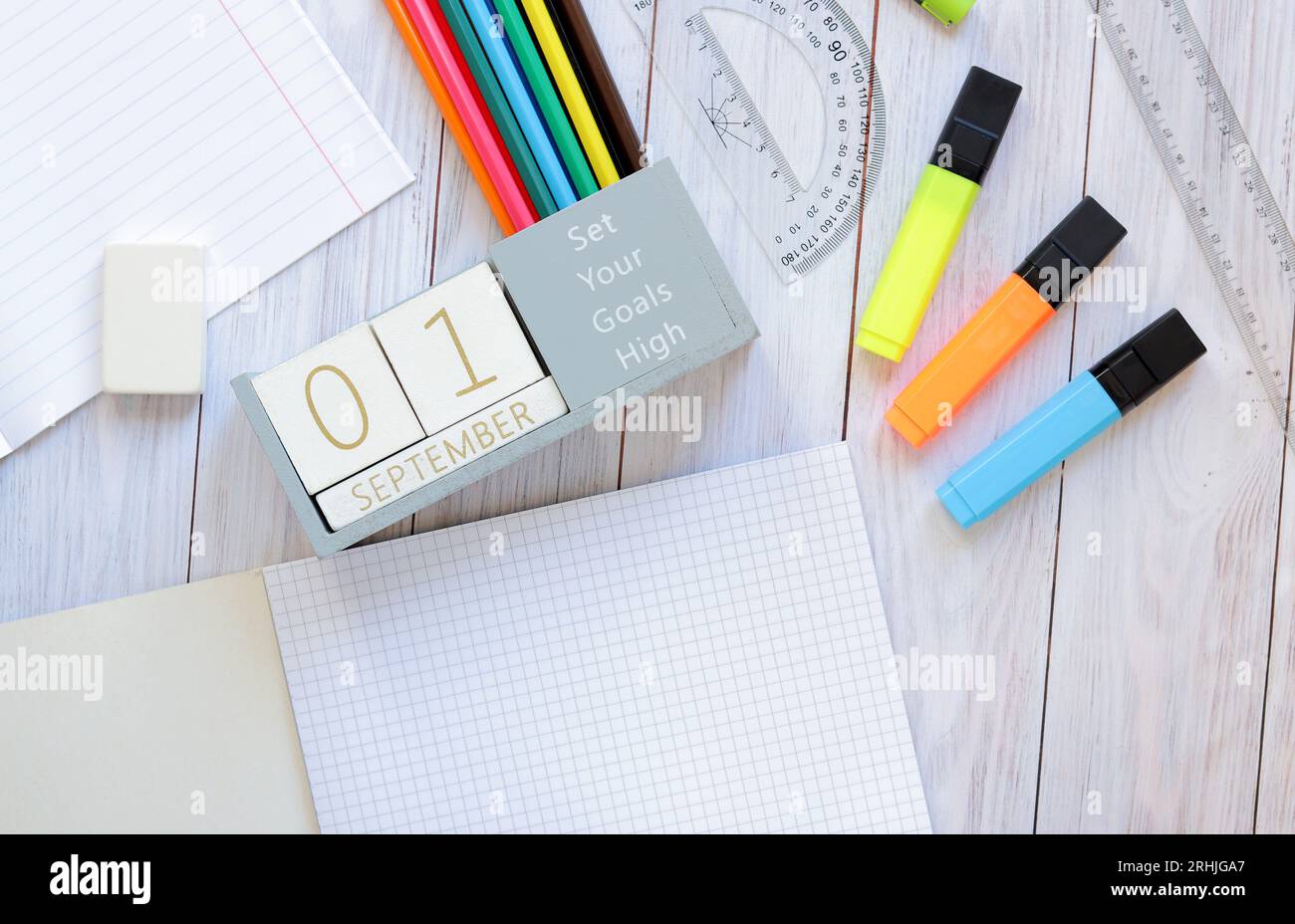 01 September. Image of a wooden calendar for September 1 on the table ...