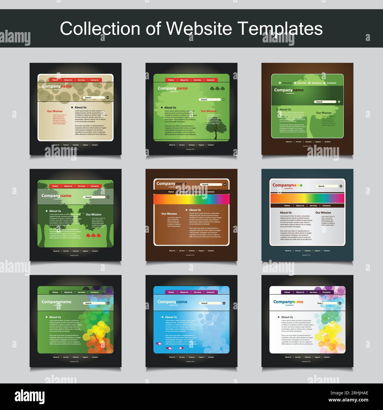 Collection of Website Templates for Your Business - Nine Nice and Simple Design Templates with Different Patterns and Header Designs - Nature, Trees, Stock Vector