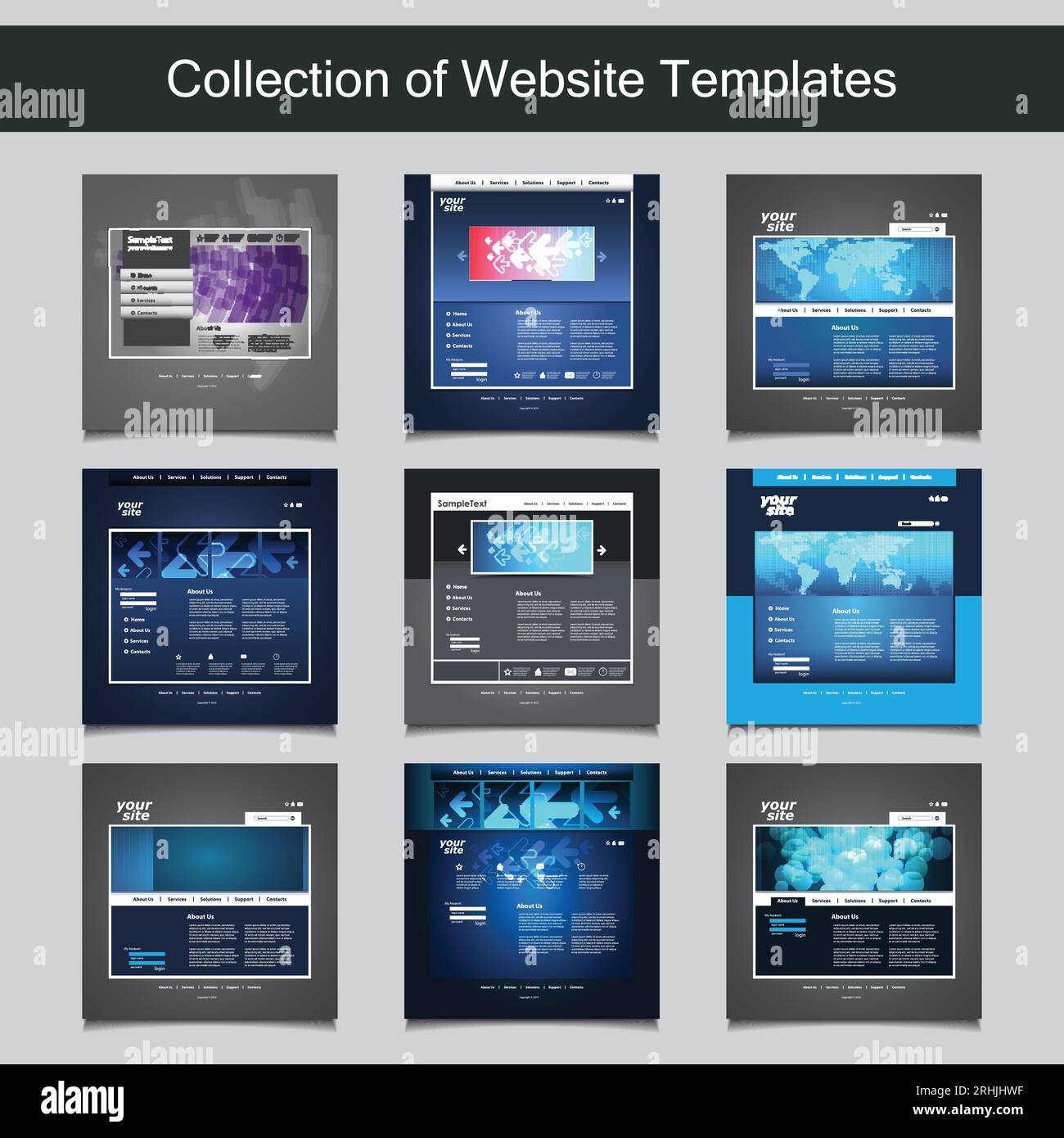 Collection of Website Templates for Your Business - Nine Nice and Simple Design Templates with Different Patterns and Header Designs - Blue, Gallery, Stock Vector