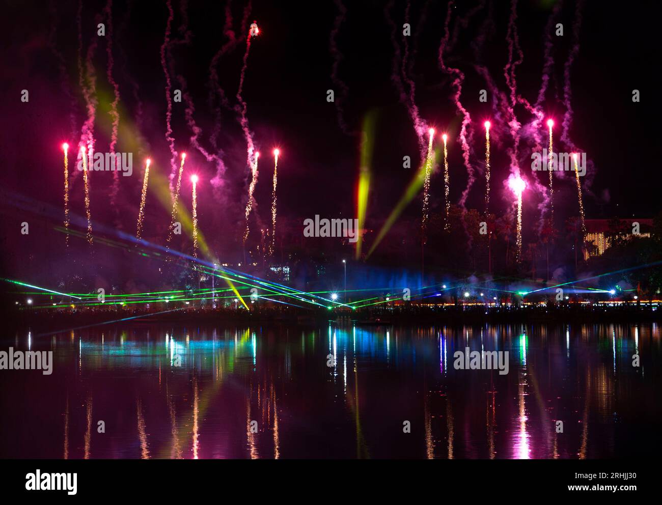 Guwahati, India. 13 August 2023. Laser and Fireworks show as a precursor to the 77th Independence Day celebrations, at Dighalipukhuri park, on August 13, 2023 in Guwahati, India. Stock Photo