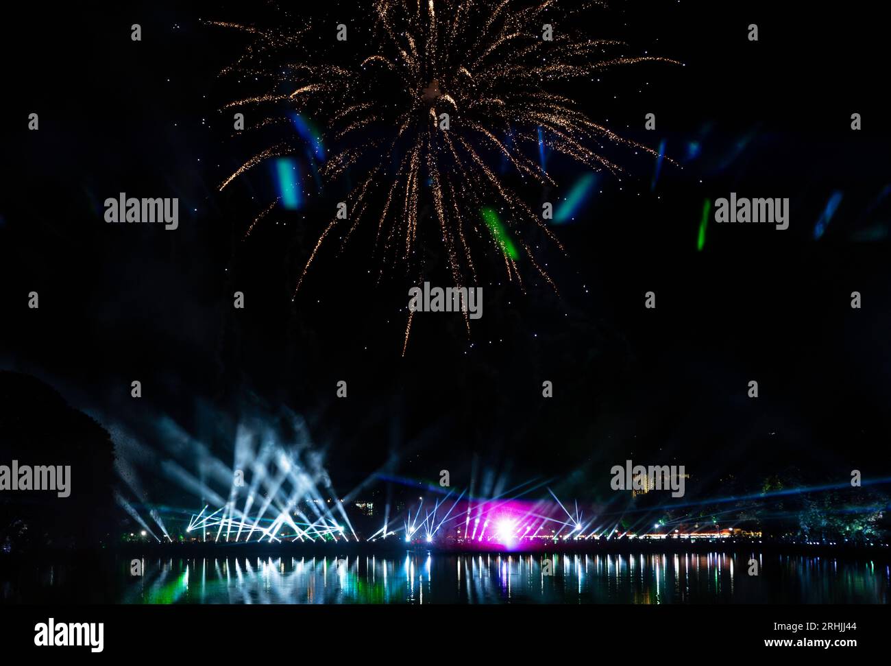 Guwahati, India. 13 August 2023. Laser and Fireworks show as a precursor to the 77th Independence Day celebrations, at Dighalipukhuri park, on August 13, 2023 in Guwahati, India. Stock Photo