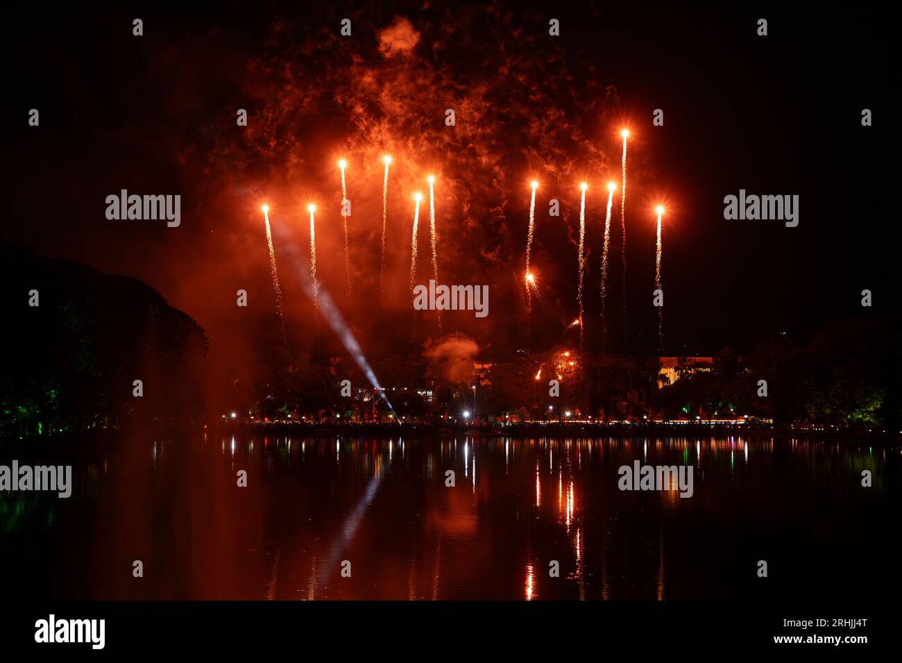 Guwahati, India. 13 August 2023. Laser and Fireworks show as a precursor to the 77th Independence Day celebrations, at Dighalipukhuri park, on August 13, 2023 in Guwahati, India. Stock Photo