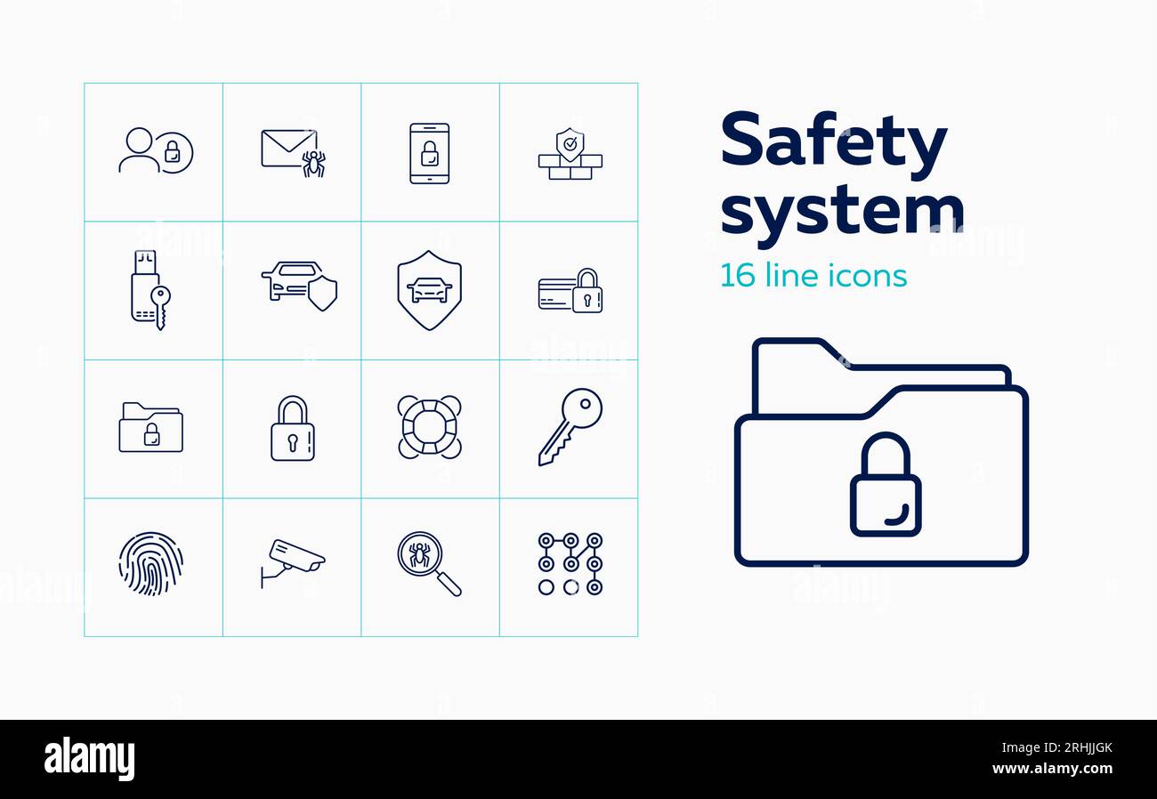 Safety system line icon set. Car, shield, lock Stock Vector
