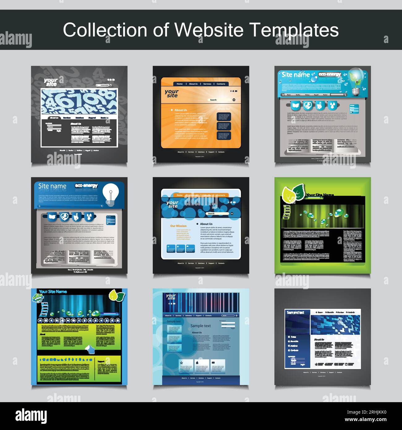 Collection of Website Templates for Your Business - Nine Nice and Simple Design Templates with Different Patterns and Header Designs - Business and Co Stock Vector