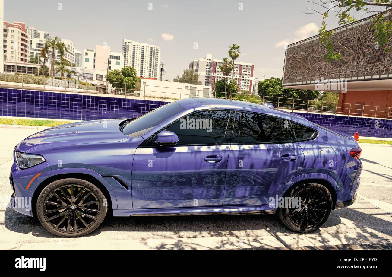 Miami Beach, Florida USA April 15, 2021 blue bmw x6 sdrive 40i, side