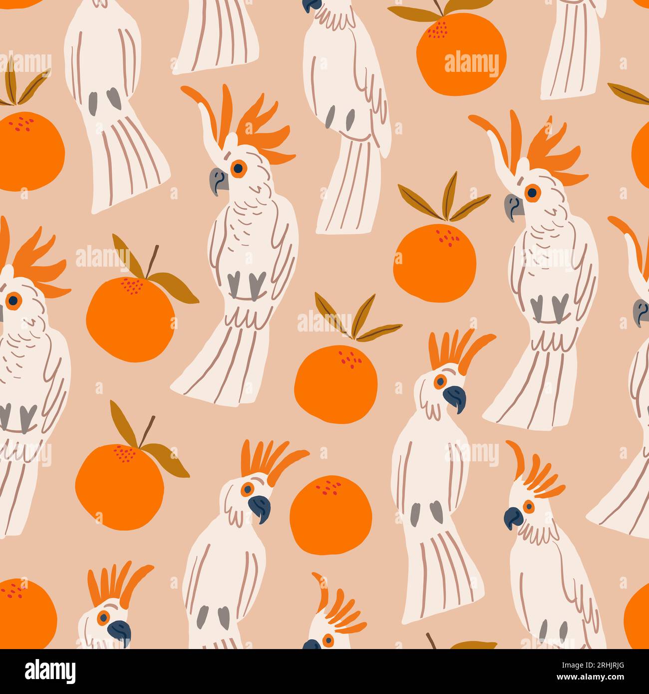 Parrots and oranges pattern on beige background. Tropical pattern. Vector illustration Stock Vector