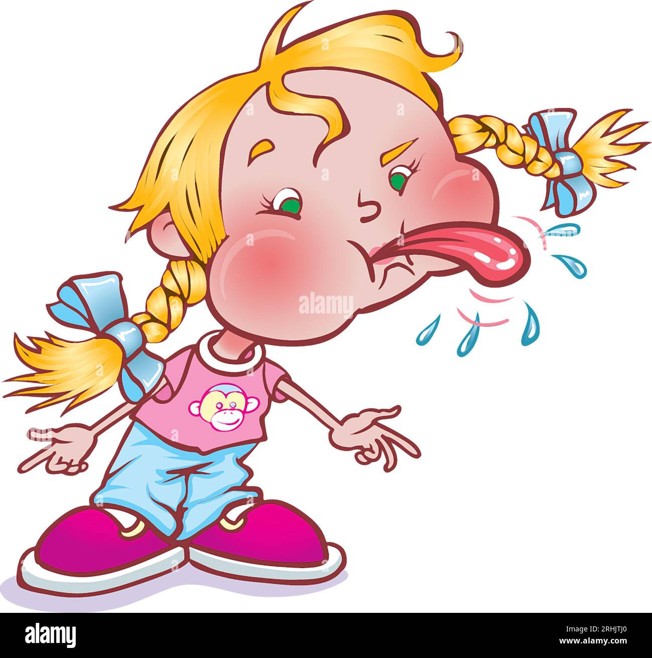 Art young blond-haired girl blowing raspberry blowing strawberry, rude noises, sticking tongue out, word origin Cockney rhyming slang raspberry tart Stock Photo