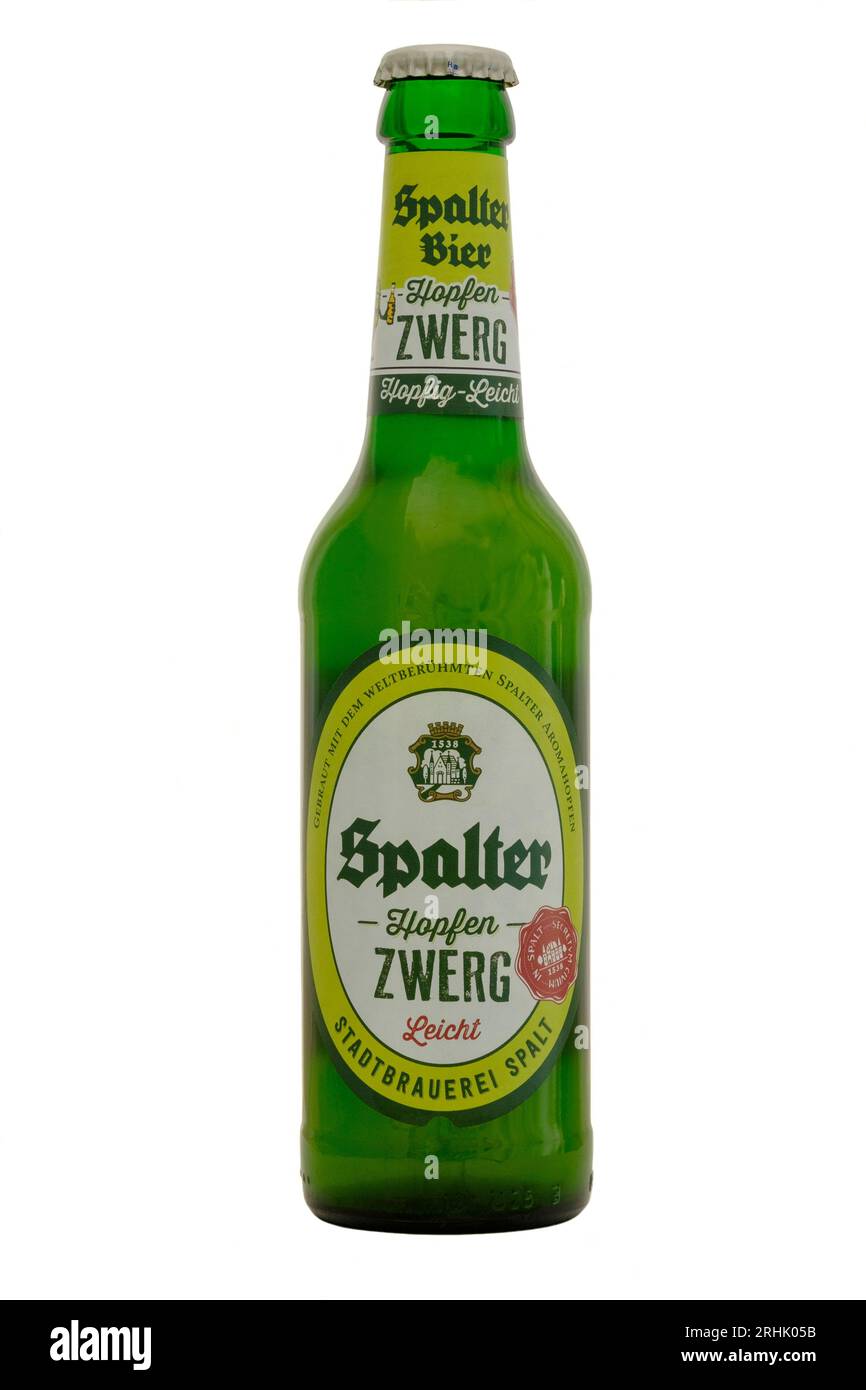 bottle of german spalter hopfen zwerg leicht light cut out on white background Stock Photo