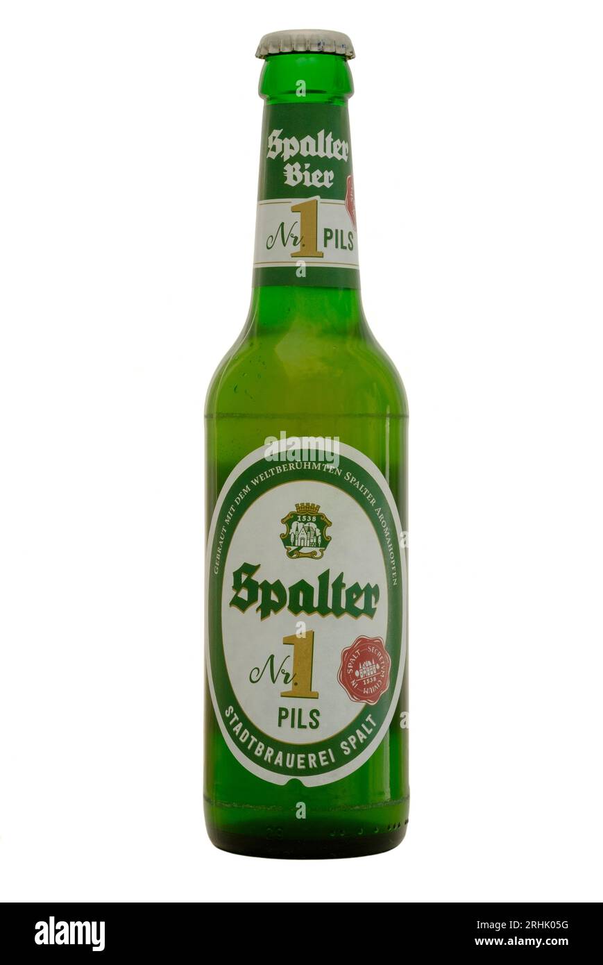 bottle of german spalter number 1 pils number one pilsner cut out on white background Stock Photo