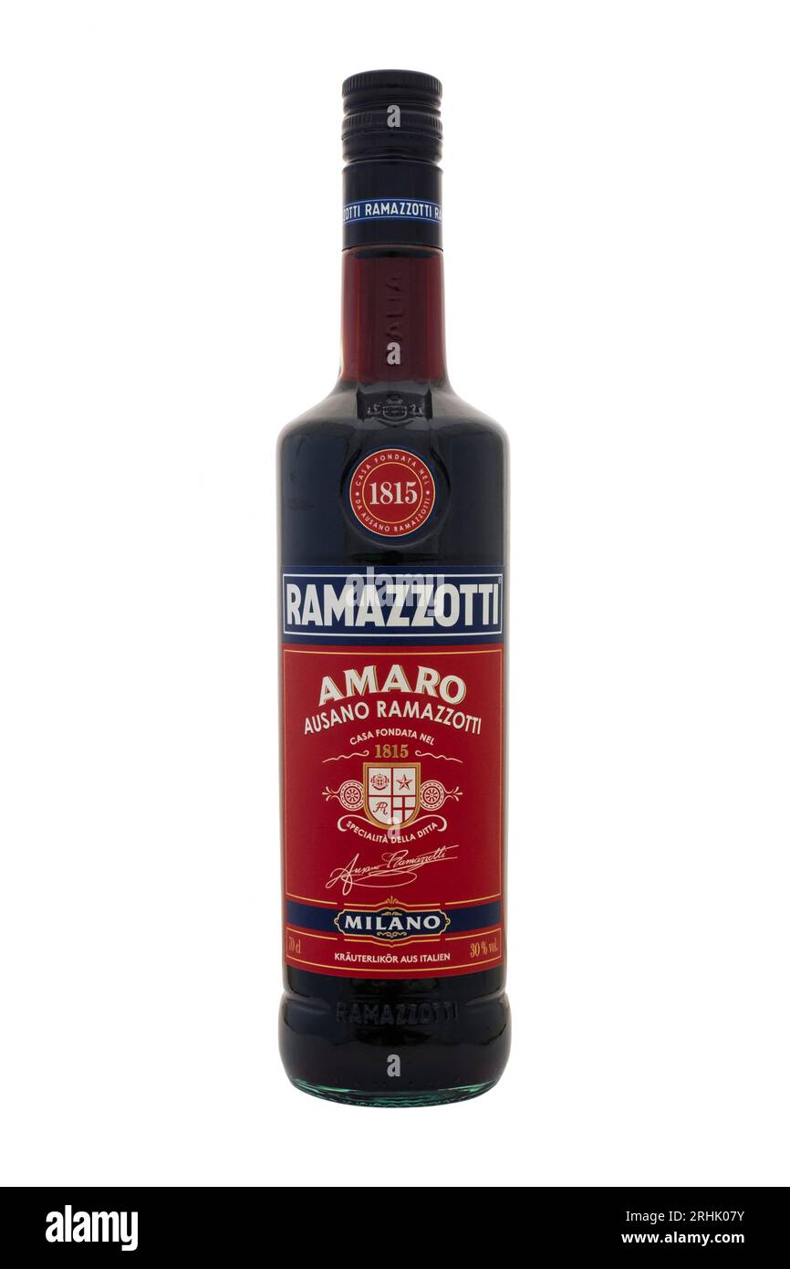 bottle of italian aperitif amaro ausano ramazzotti on white background Stock Photo