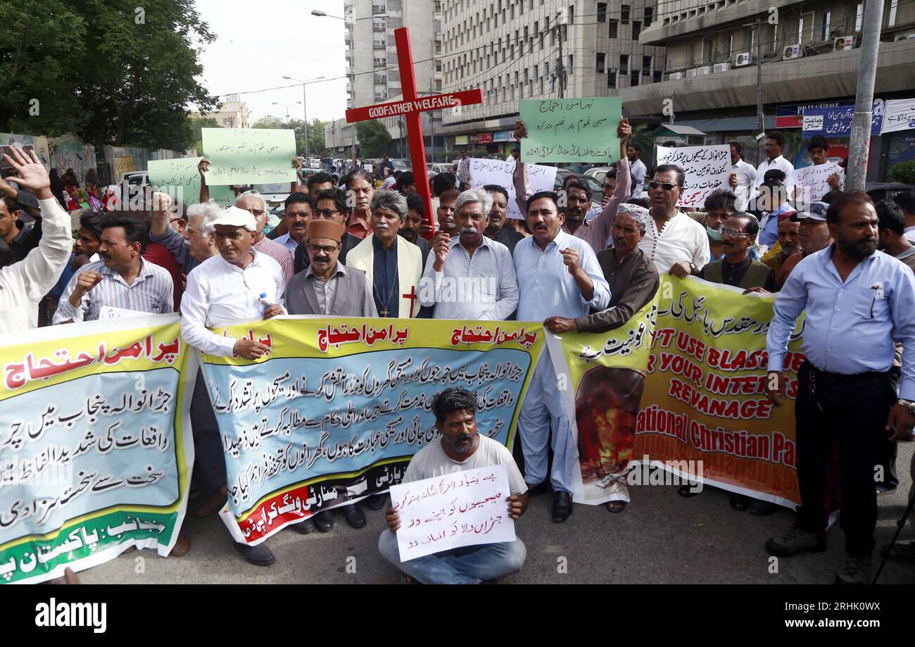 Hyderabad, Pakistan, August 17, 2023. Members of Peoples Party (PPP Minority Wing) are holding protest demonstration against violence on minority community and condemned attack on churches in Jaranwala incident, held at Karachi press club on Thursday, August 17, 2023. Stock Photo