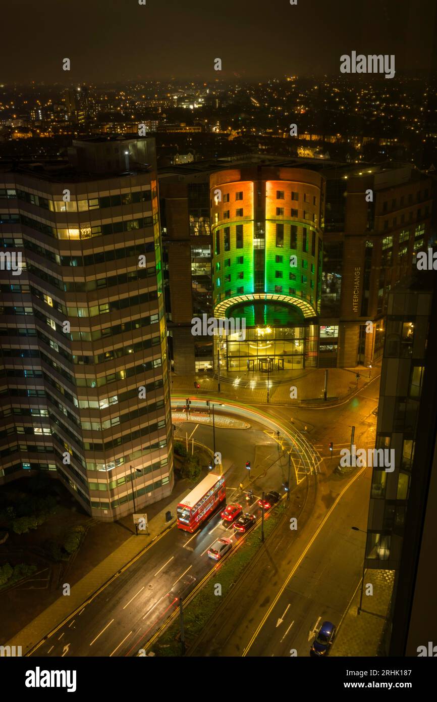 Night view on Interchange building lit in Croydon town, Greater London, UK Stock Photo