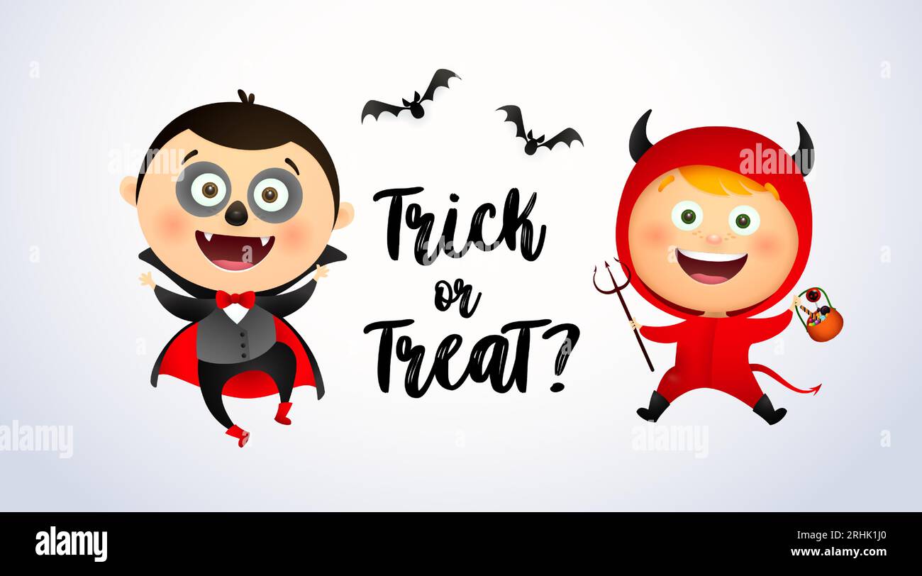 Trick or Treat lettering with kids in Dracula and devil costumes Stock ...