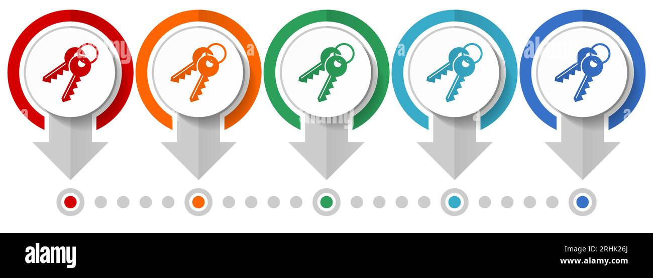 Keys vector icon set, flat design infographic template, set pointer concept icons in 5 color options for webdesign and mobile applications Stock Vector