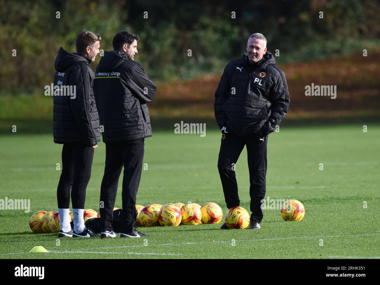 Wolverhampton Wanderers new head coach Paul Lambert taking his first training session with Rob Edwards and Stuart Taylor. Stock Photo