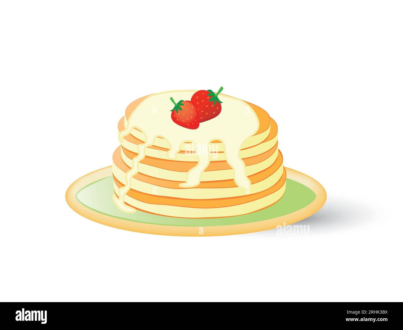 Pancakes on a plate poured with syrup and garnished with strawberries Stock Vector