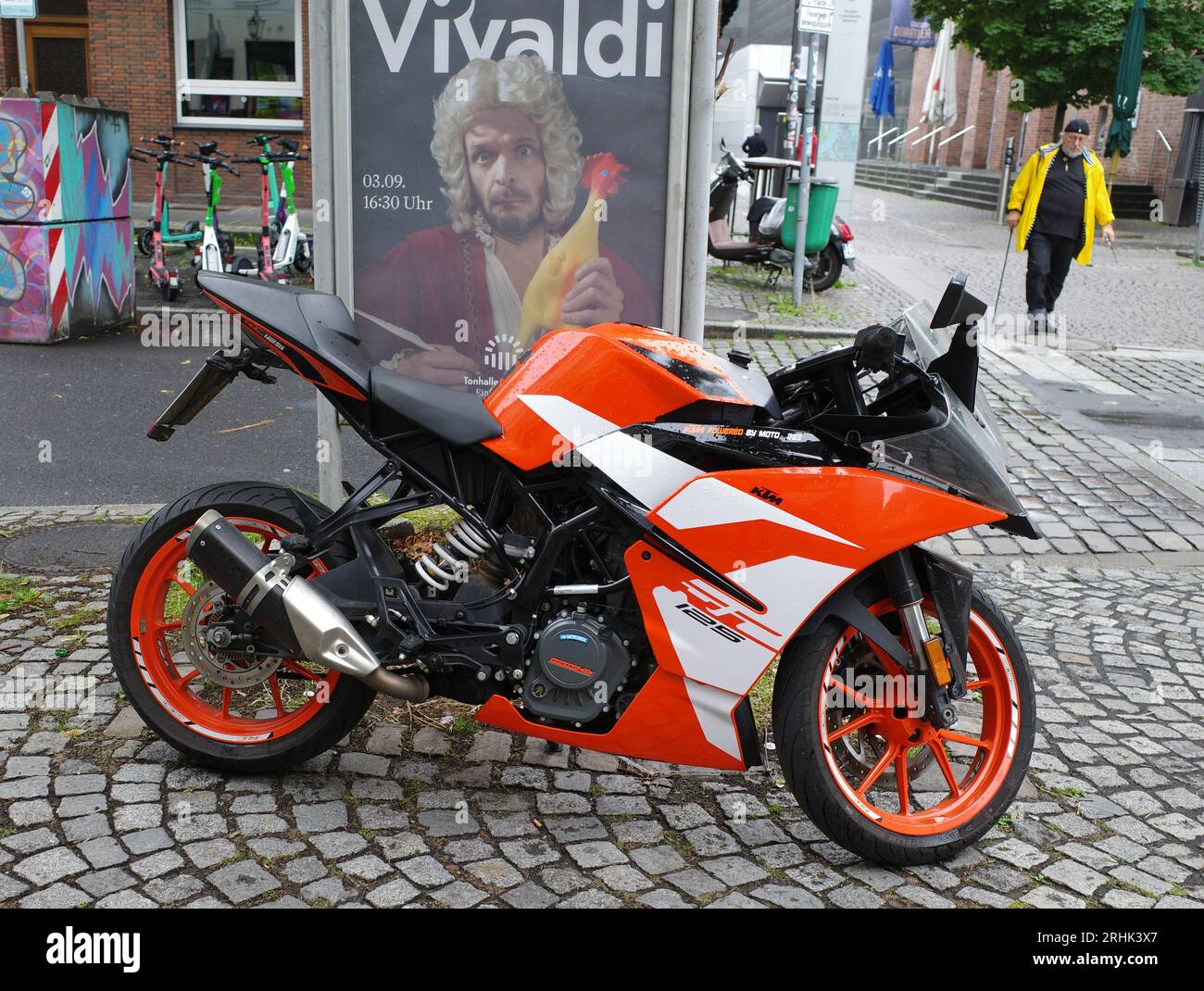 Düsseldorf, Germany - Aug 2 2023 An orange racing motorcycle. It is a KTM RC 125 Stock Photo