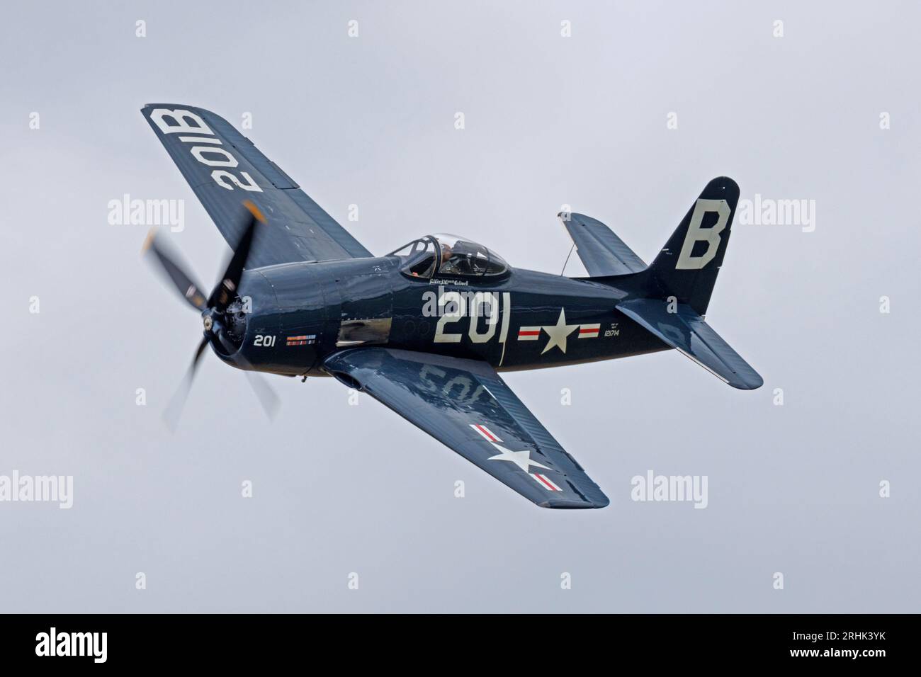 A vintage USA Bearcat fighter plane on a flying display at RAF Duxford airshow, July 2023 Stock Photo