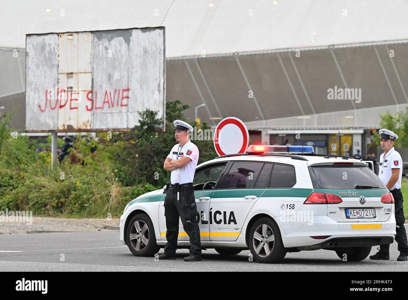 Kosice, Slovakia. 17th Aug, 2023. Police officers supervise the situation  at the stadium prior to the UEFA Europa League the return leg of the 3rd  round match Slavia Praha vs Dnipro, in