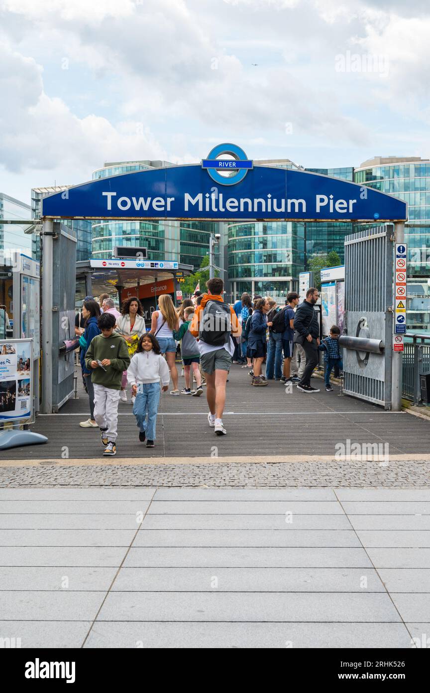 People entering and leaving Tower Millennium Pier. London, England, UK Stock Photo
