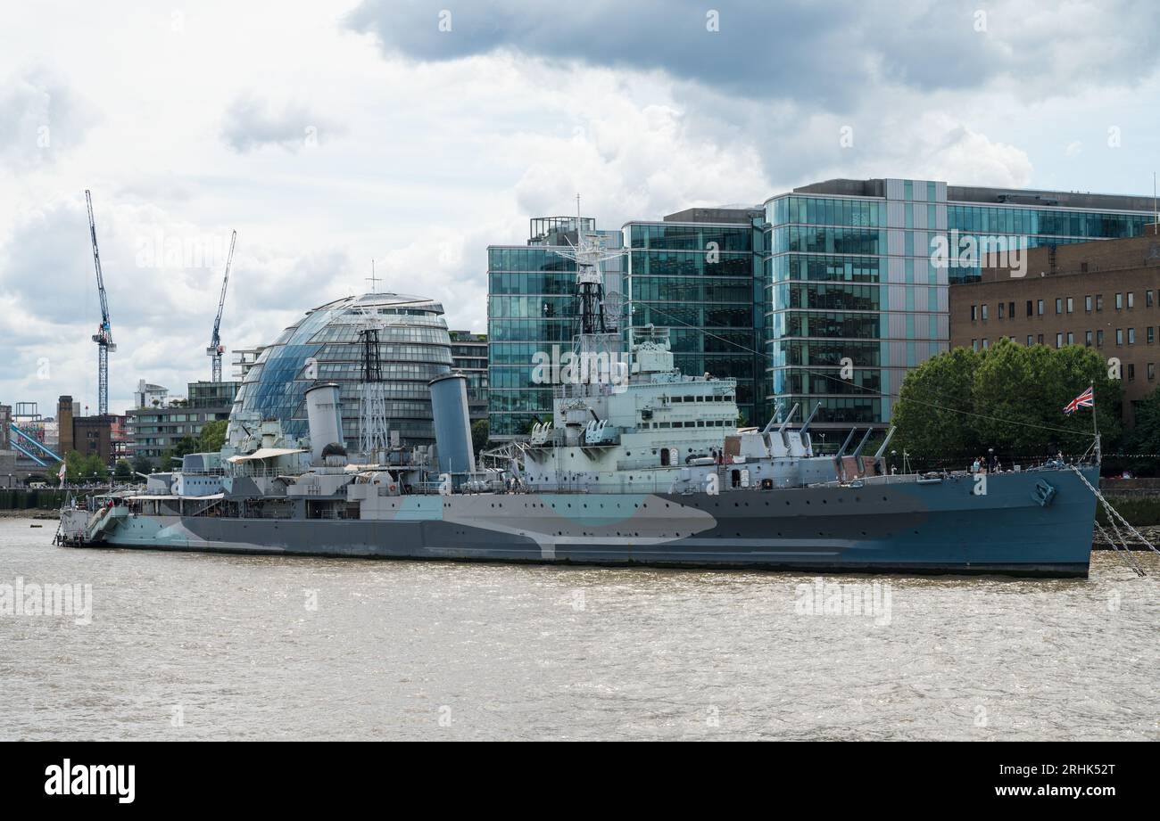HMS Belfast. Former Royal Navy Town-class light cruiser now a museum ship moored on the River Thames. London, England, UK Stock Photo