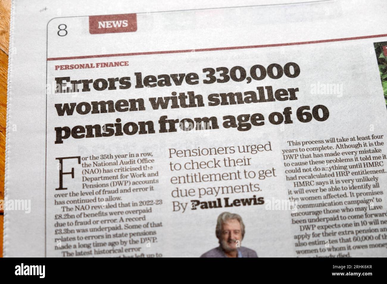 'Errors leave 330,000 women with smaller pension from age 60' i newspaper headline British pensions payment shortfall article London UK 17 August 2023 Stock Photo