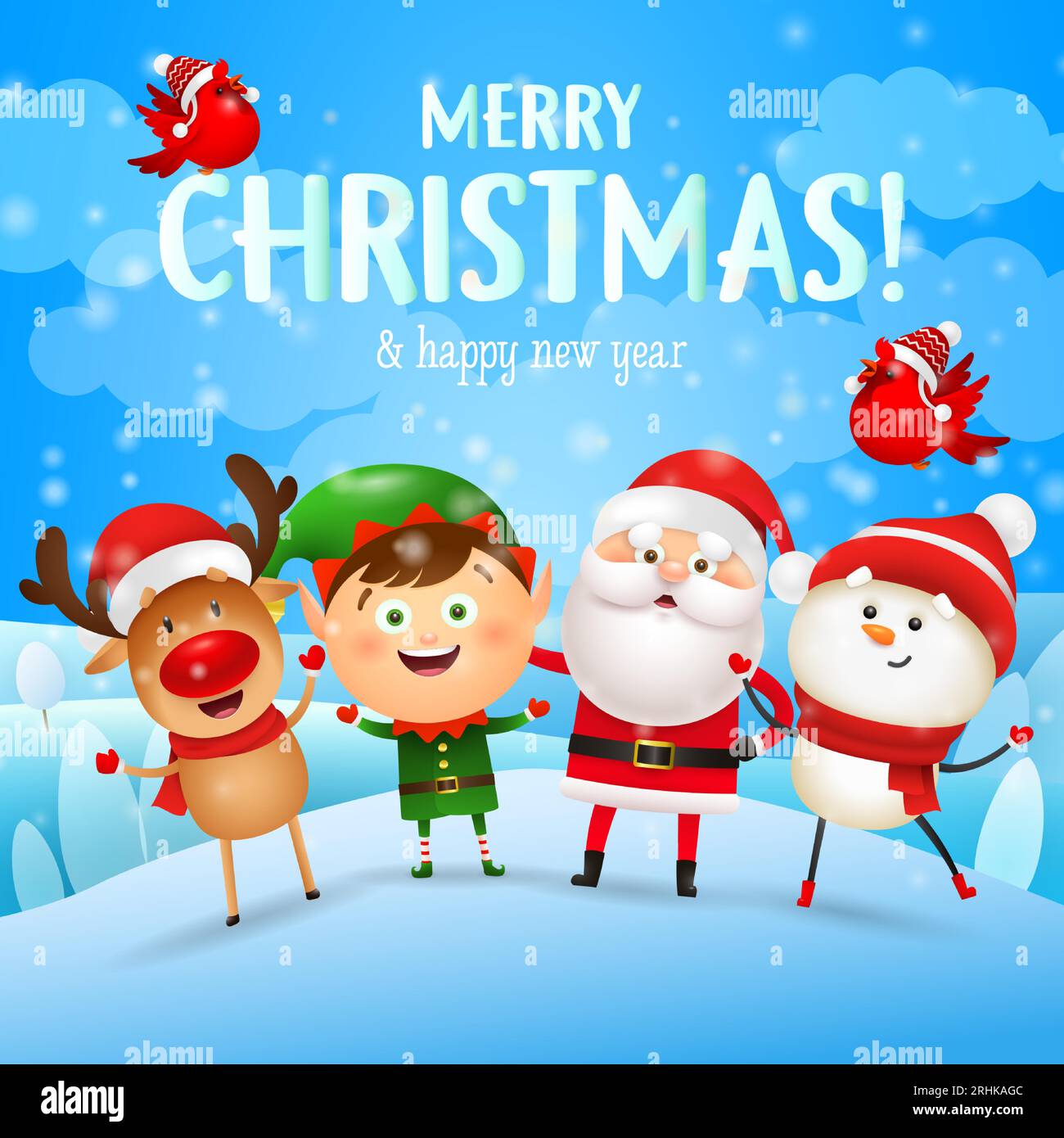Merry Christmas lettering, elf, Santa Claus, snowman, reindeer Stock ...