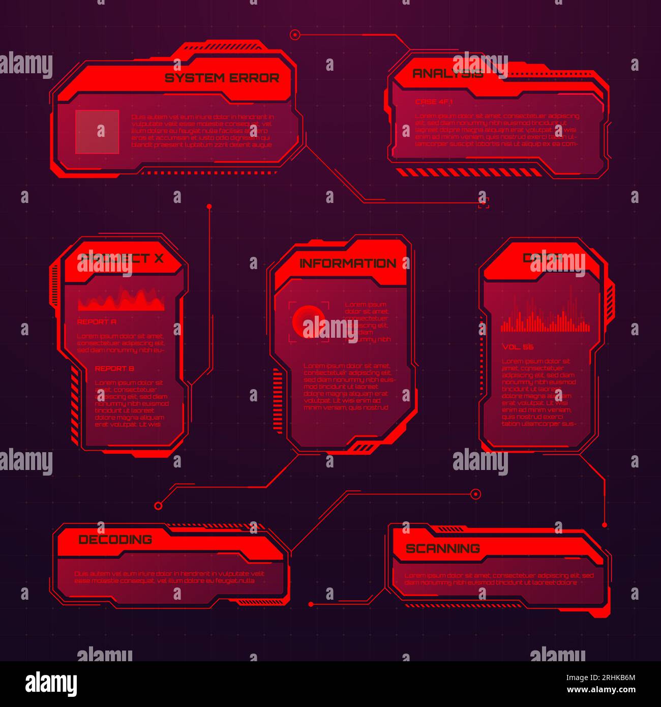 Red futuristic HUD or UI elements. Sci-fi user interface text boxes ...