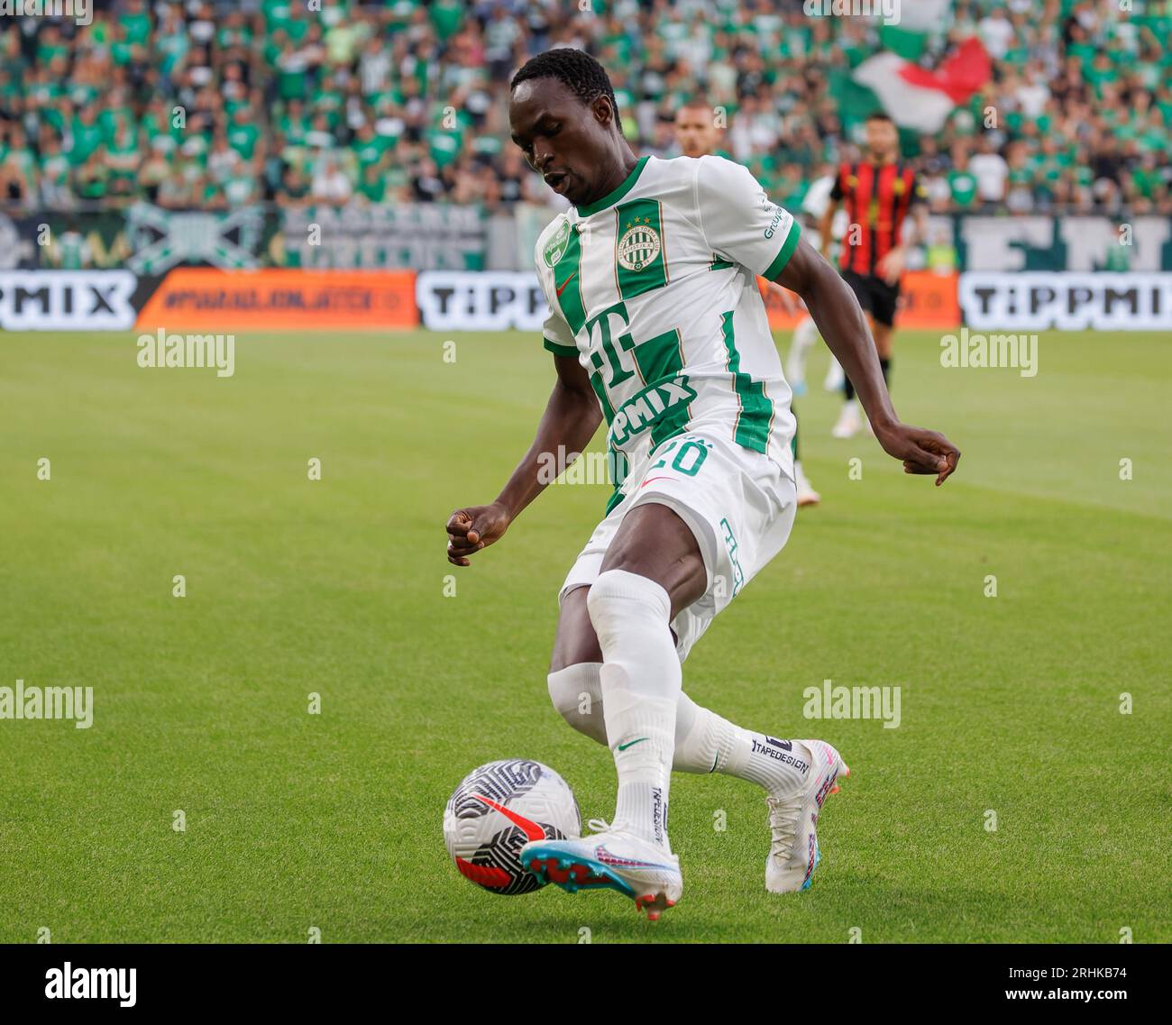 Budapest, Hungary. 31st August, 2023. Adama Traore of Ferencvarosi TC  controls the ball during the UEFA Europa Conference League Play Off Round  Second Leg match between Ferencvarosi TC and FK Zalgiris Vilnius