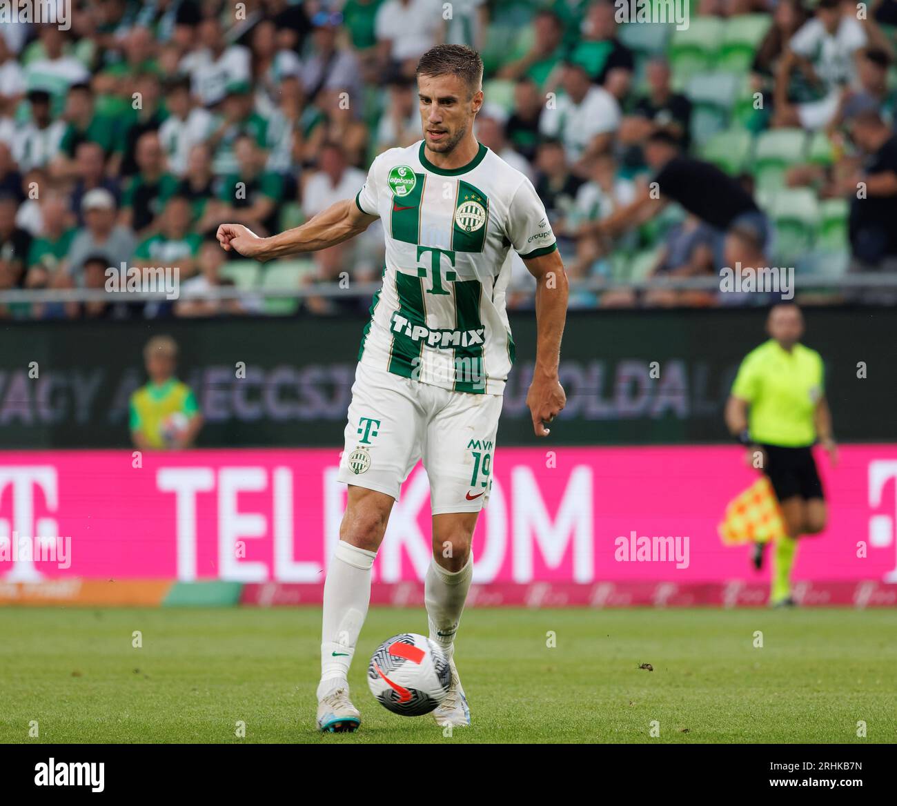 Barnabas Varga of Ferencvarosi TC shoots on goal beside Marcelina News  Photo - Getty Images