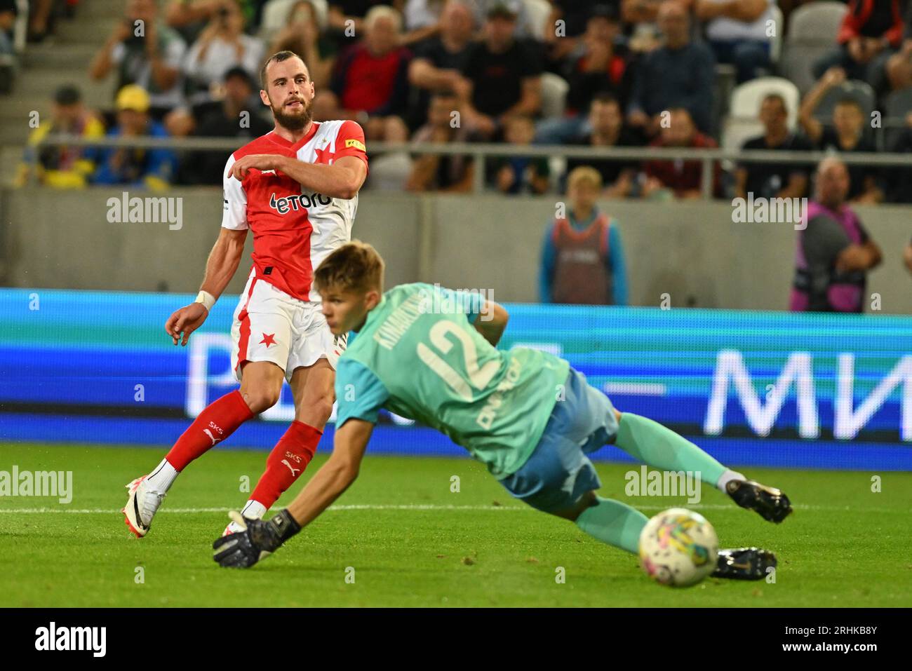 Prague, Czech Republic. 27th May, 2023. Vaclav Jurecka, soccer player of  Slavia scored four goals during the match Slavia Praha, vs 1. FC Slovacko  in Prague, Czech Republic, May 27, 2023. Jurecka celebrates goal. Credit:  Michal Krumphanzl/CTK Photo