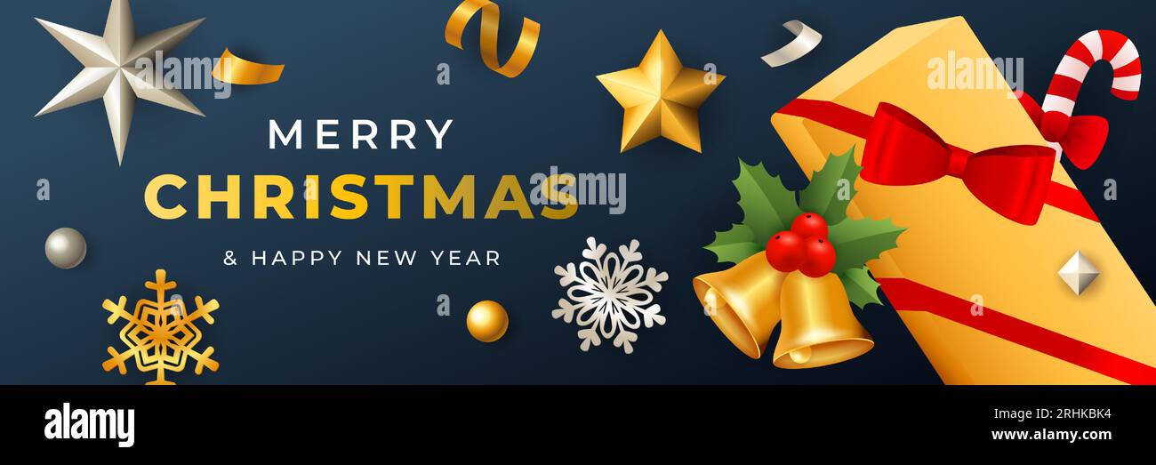 Merry Christmas banner design with gift box covered with ribbon Stock
