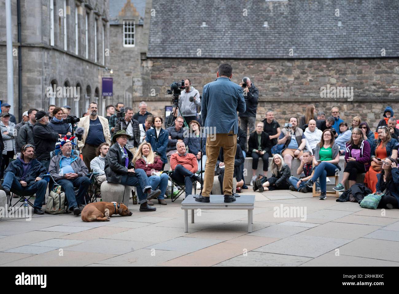 Edinburgh, Scotland, UK. 17th August 2023. Graham Linehan performs as part of a Comedy Unleashed stand up show outside the Scottish Parliament in the open air tonight after previous two venues cancelled the show . Ticket holders for the original show at Leith Arches formed the audience. Iain Masterton/Alamy Live News Stock Photo